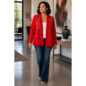 Nancy Bolen Womans Sz Large Long Sleeve Topper Open‎ Blouse Red Crepe
